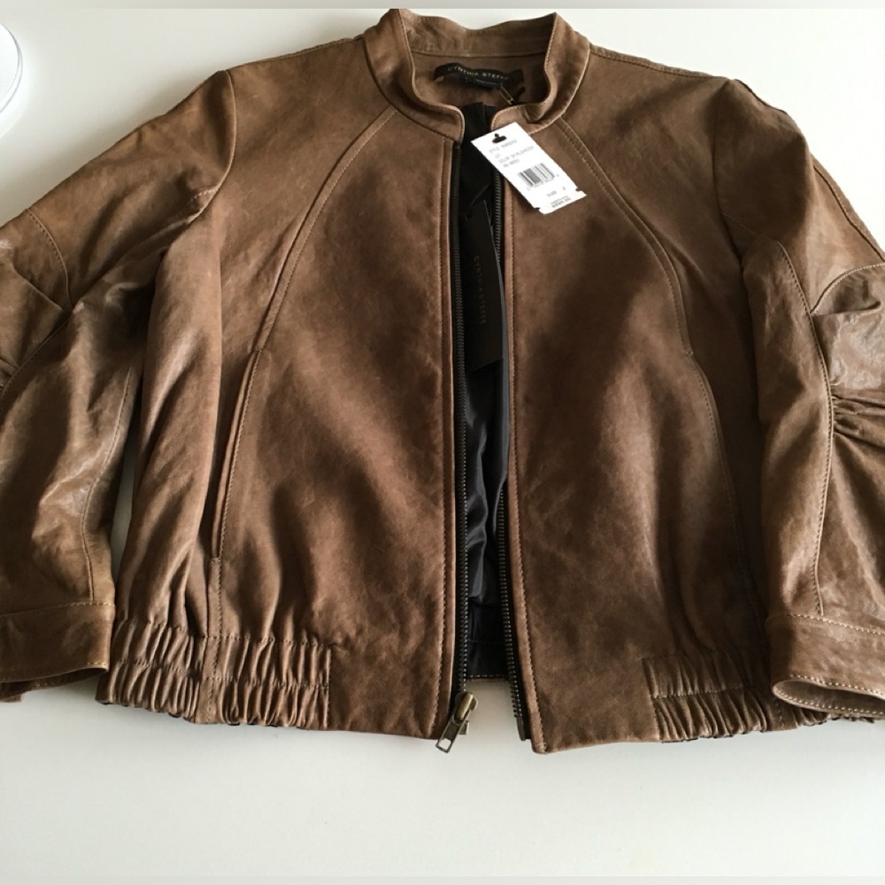 NWT Cynthia Steffe Zippered LeatherJacket in Mushroom Brown Leather SZ: 2